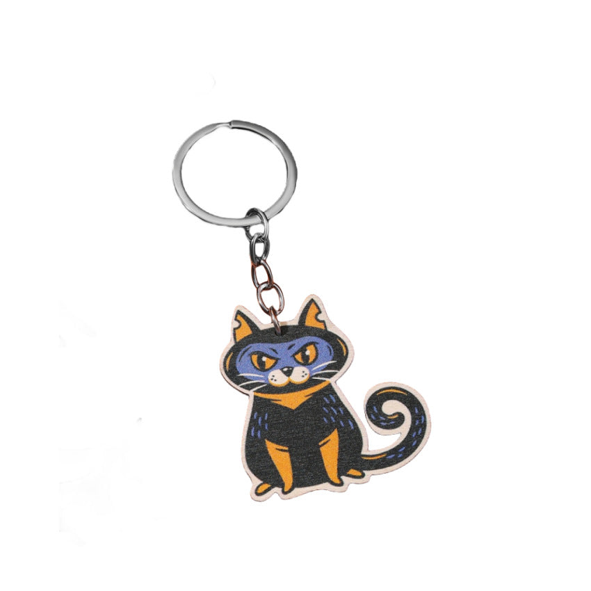 Wholesale Halloween Wooden Cat Print Keychain
